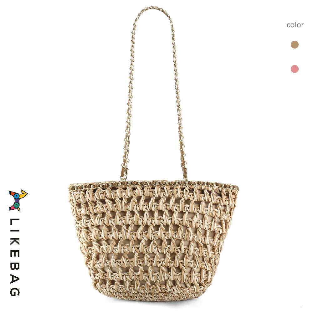 LIKEBAG 2024 New Travel Holiday Beach Straw Fashion Color Contrast Hollow Design Braided Bag Delicate Metal Chain Shoulder W