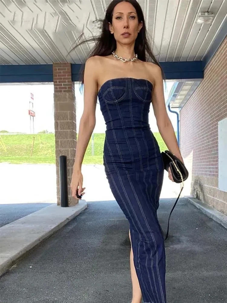 Womens Dress Tube Top Elastic Tight Summer Backless Sexy Evening Cowboy Midi Party 250409
