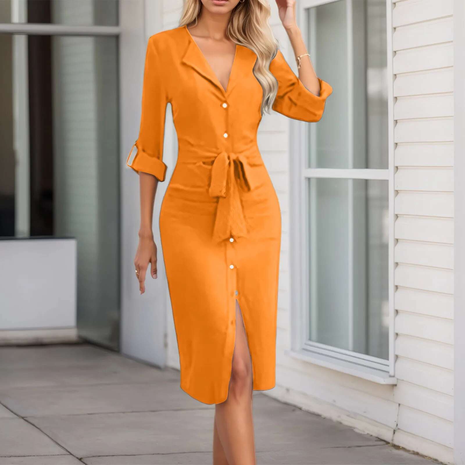 Dongdumaoyi Casual Long Sleeve Shirt Midi Dress Women Fashion Solid V Neck Lace Up Button Waist Temperament Shirts Dresses Female