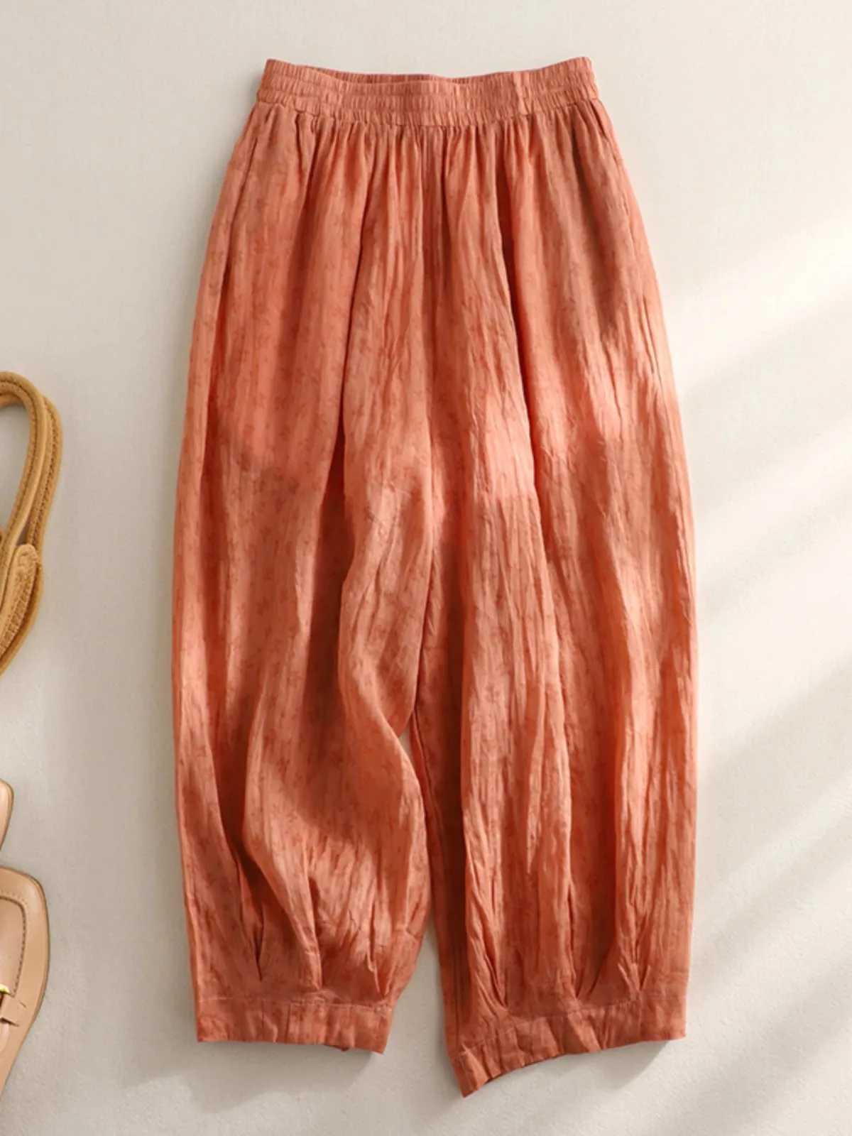 Summer thin cotton linen wide leg pants 2025 new Bohemian printed womens harem pants casual loose elastic waist pantsXJ250403