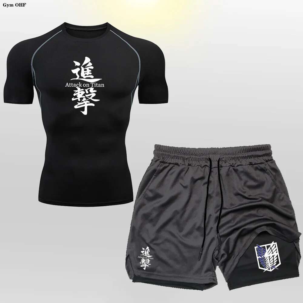 Anime 2 in 1 Male Quick Drying Sportswear Compression T-Shirt Shorts Men's Running Sports Suit MMA Rashgard Summer Men Sets