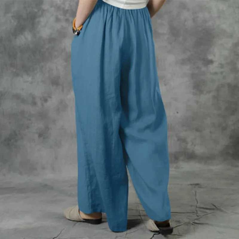 Summer loose fit casual wide leg pants solid color cotton linen elastic waist pants for women street Drstring TrousersXJ250403