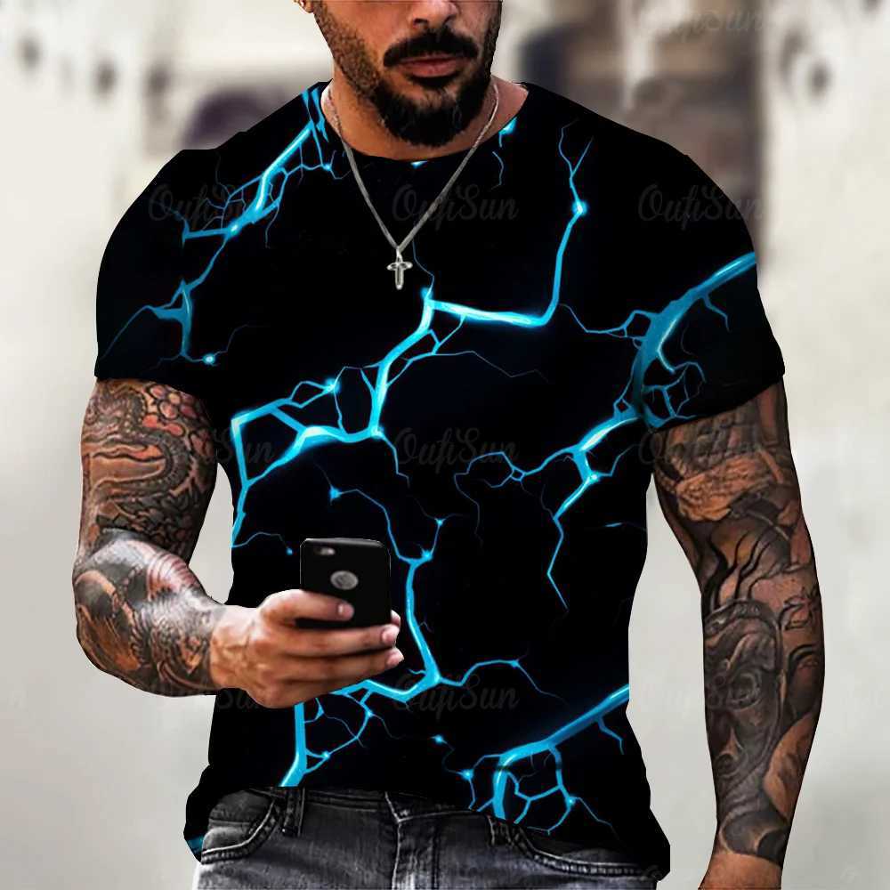 2024 summer new mens T-shirt casual lightning cool 3D digital printing mens short sleeved T-shirt oversized mens clothingXJ250409