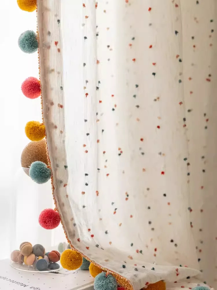 Retro Cotton Linen Rainbow Ball Linen Cream Style Bedroom Living Room Childrens Room Cotton Linen Curtains Folded Custom Curtains 250409