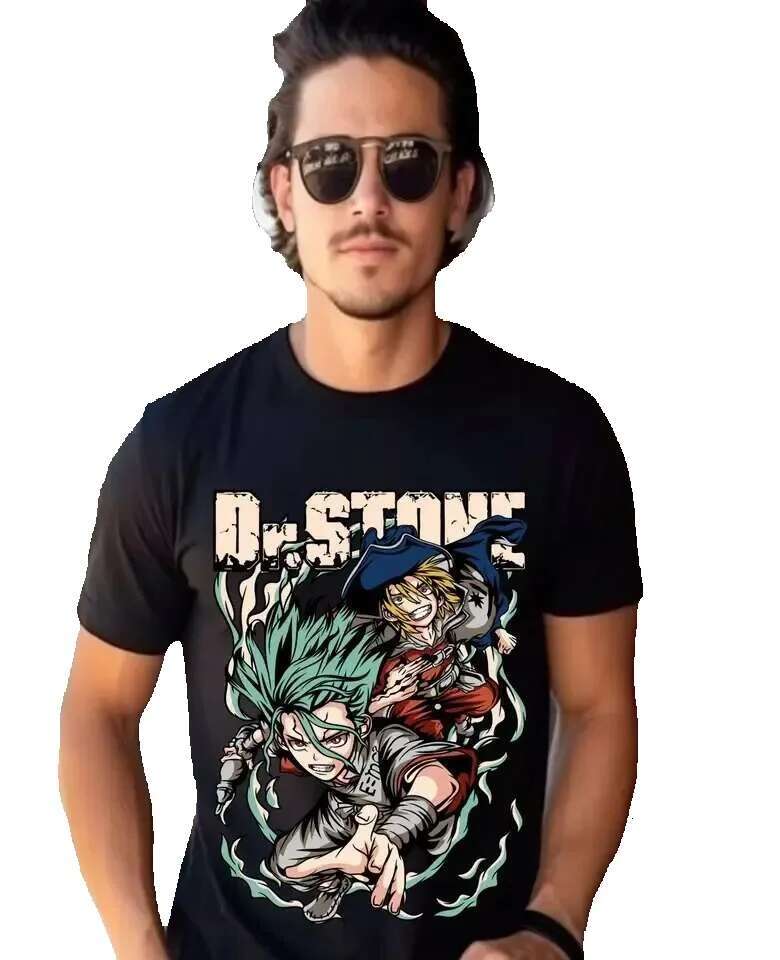 Dr. Stone Suika Senku Ishigami Taiju Oki Ryusui Black Gift Shirt 2025SS Anime Casual Extra Large Cotton T-shirt