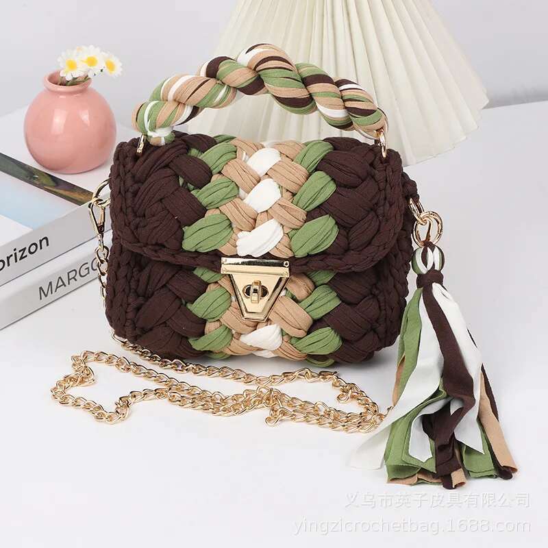 Women'bag 2024 New Crochet Cloth Strip Handmade In Stock Finished Chain Small Square Bag Designer Handbag