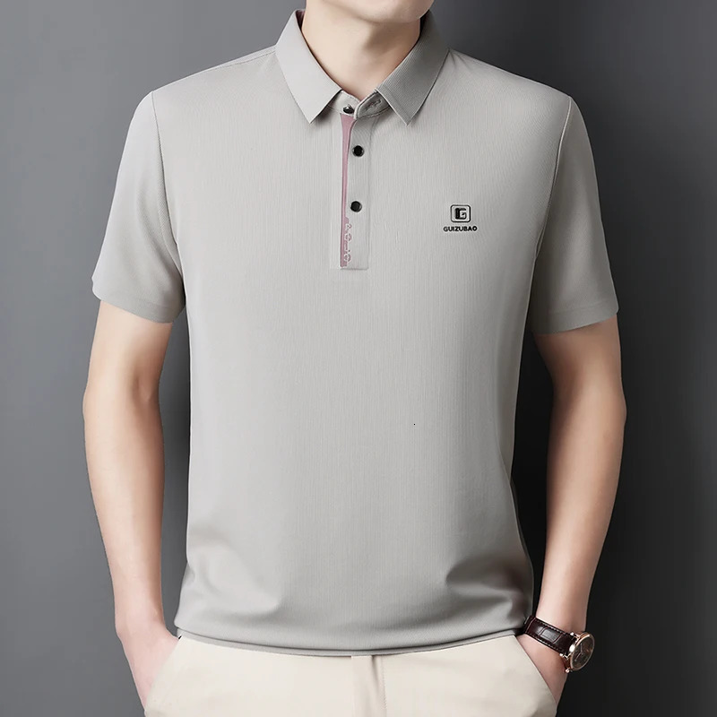 Mens High End Lapel Polo Shirt Summer Print Business Fashion Ice Silk Short Sleeved Seamless Top T-Shirt Mens Clothing 250407