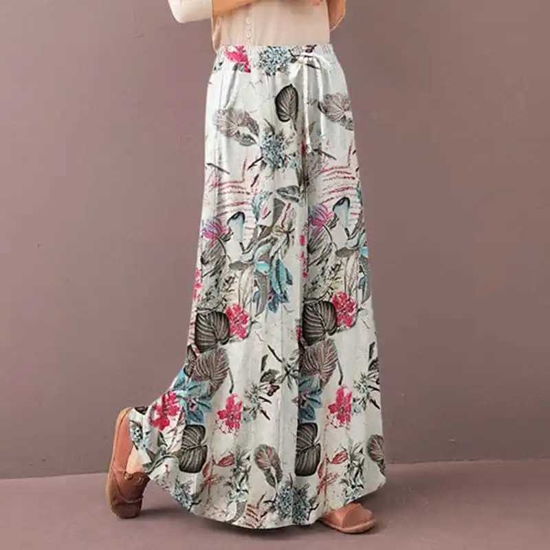Womens floral printed wide leg pants for spring and autumn fashion Drstring Bohemian Trouser womens casual loose elastic waist pantsXJ250403
