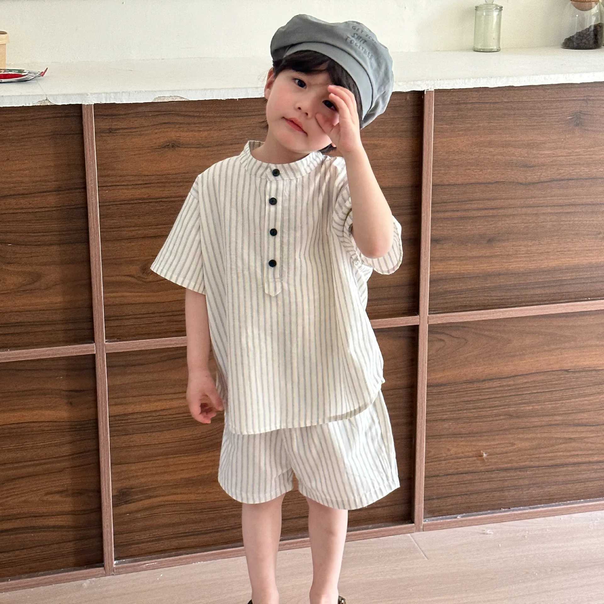22004-1 Brothers and sisters Clothing 2024 Summer New Short Sleeve Stripe Baby Boys Set or Cotton Girls Dress S2548