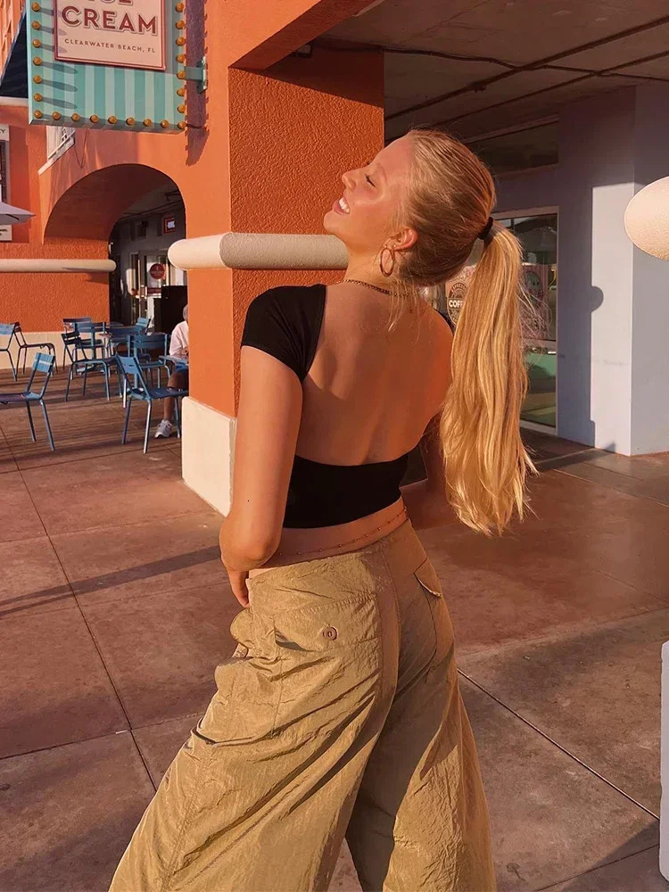 Womens O-neck Backless T-shirt Short Sleeve Solid Color Crop Top Summer Cute Baby Tee Y2K Clothes Bodycon Tunics Fashion Tank 250409