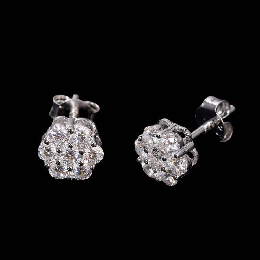Hip Hop Fine Jewelry 925 Silver Screw Back Iced Out Round VVS Moissanite Flower Stud Earrings for Men Party Daily Wear