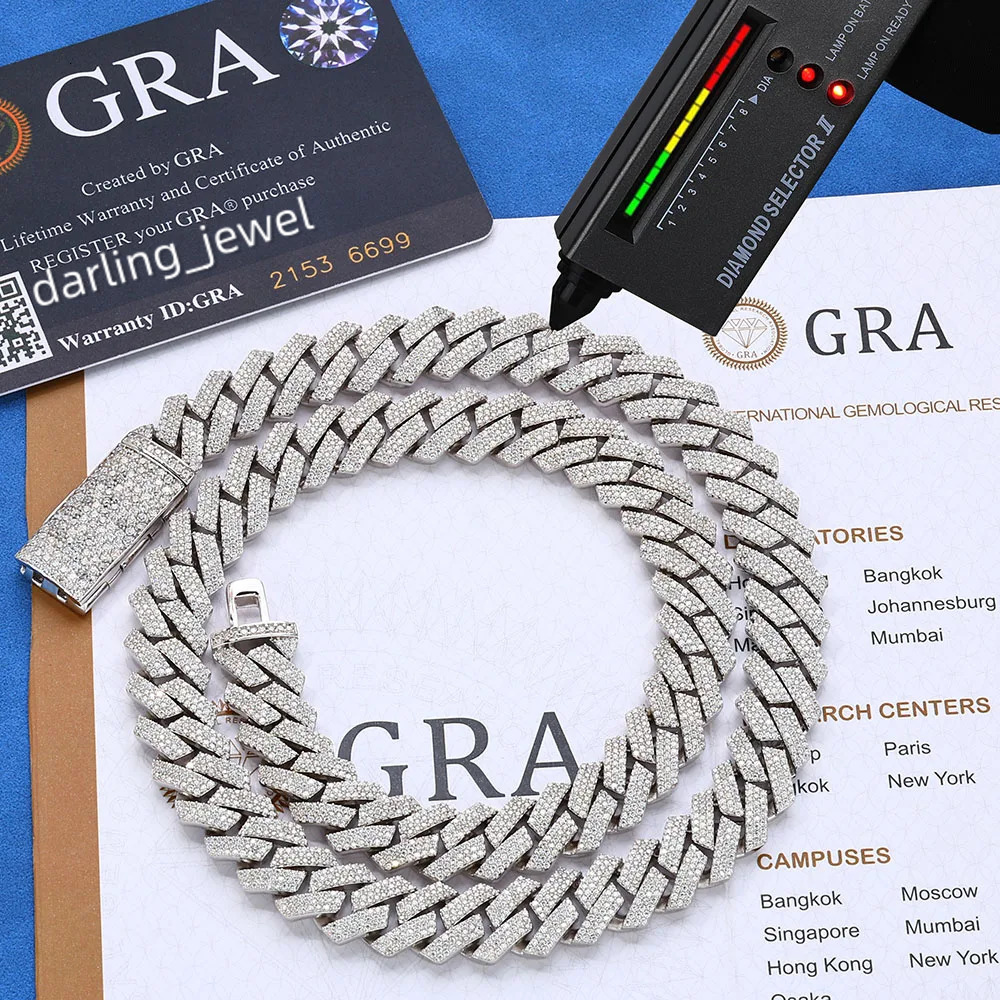 12mm Three Rows Pass Diamond Tester 925 Silver Rose Gold Plated Iced Out Hip Hop Flawless Moissanite Diamond Cuban Link Chain