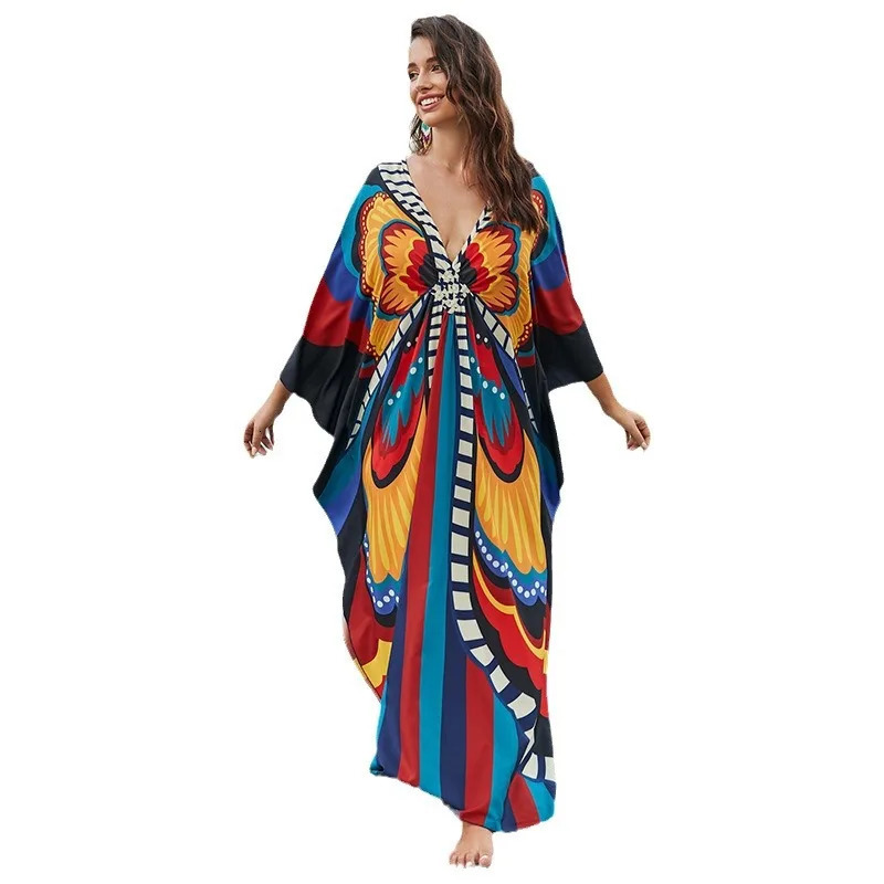 womens ethnic printed Kaftan beach dress swimsuit plus size covering wear 250409