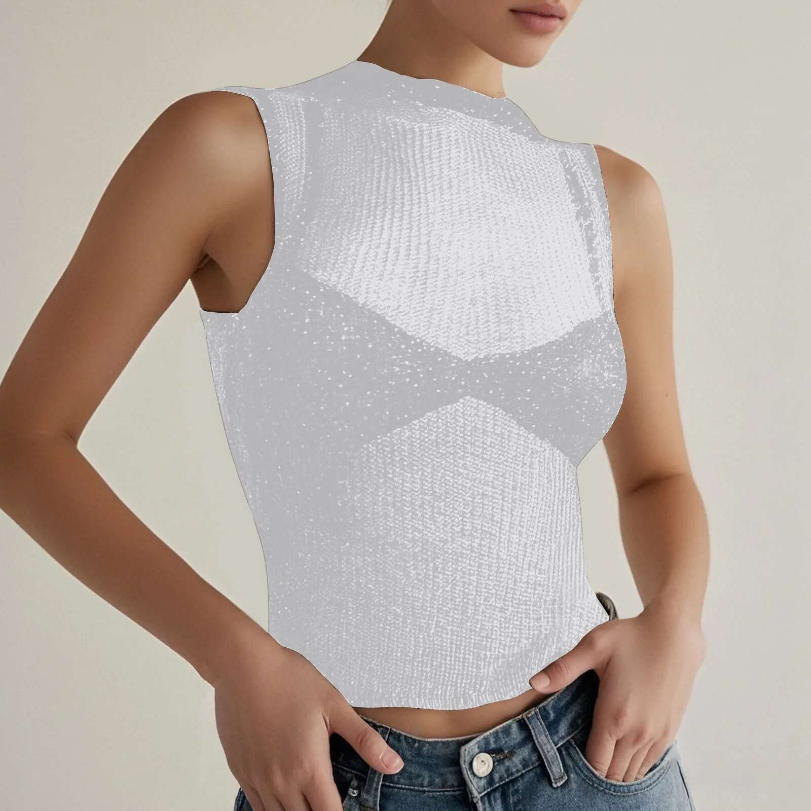 Dongdumaoyi Y K Women S Sleeveless Slim Fit Tops Casual See Through Vest Corect Sequin Scoop Neck Tank Top Glitter Outfits Women S Tight Underwear