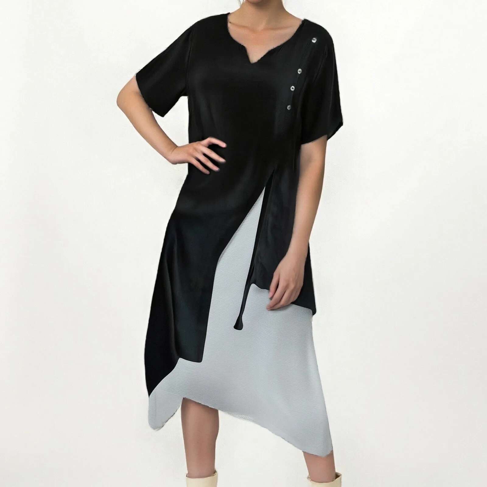 Dongdumaoyi Summer Midi Dress Women Fake Two Piece Casual Streetwear Button V Neck Loose Solid Asymmetric Dresses