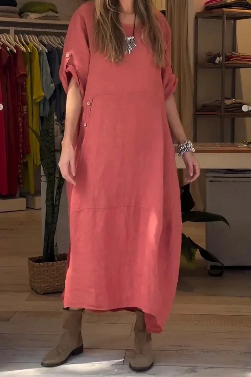 Summer Monsoon loose casual solid color short sleeved cotton linen dress 250409