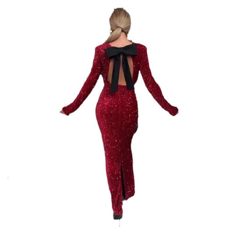 New Women's Clothing Round Neck Sleeve Solid Color Sequin Mid-Waist Elegant Long European and American Style Dress