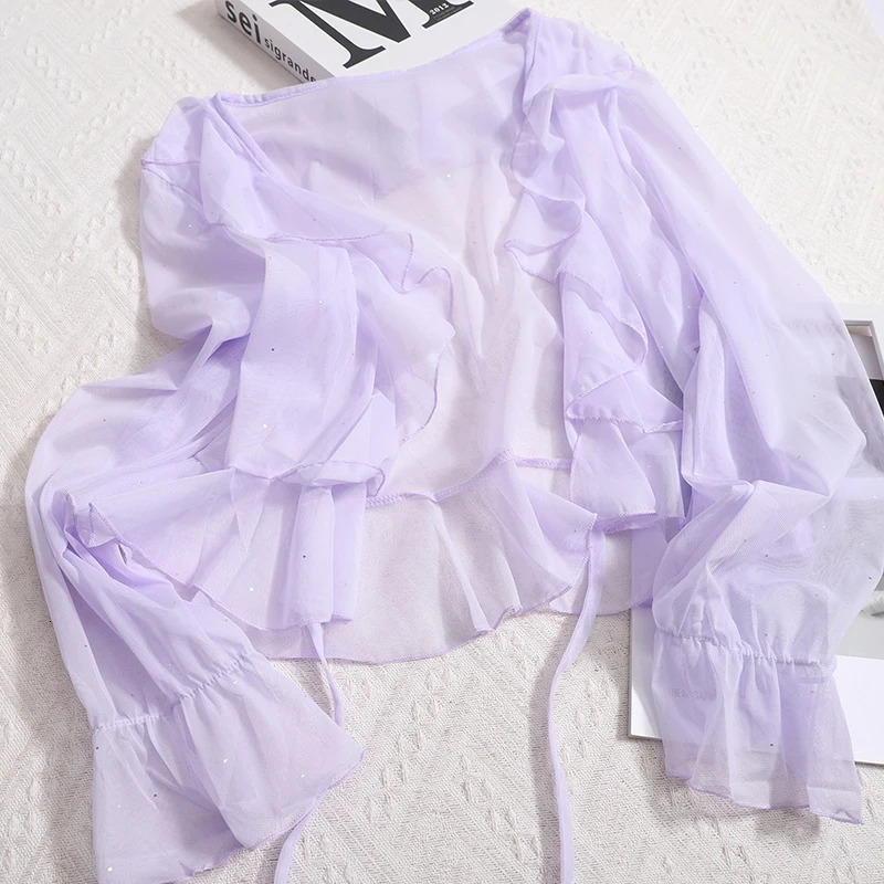 Womens pleated edge sweet long sleeved lace transparent knit short jacket mesh shiny base chiffon sun protection shirt 250409