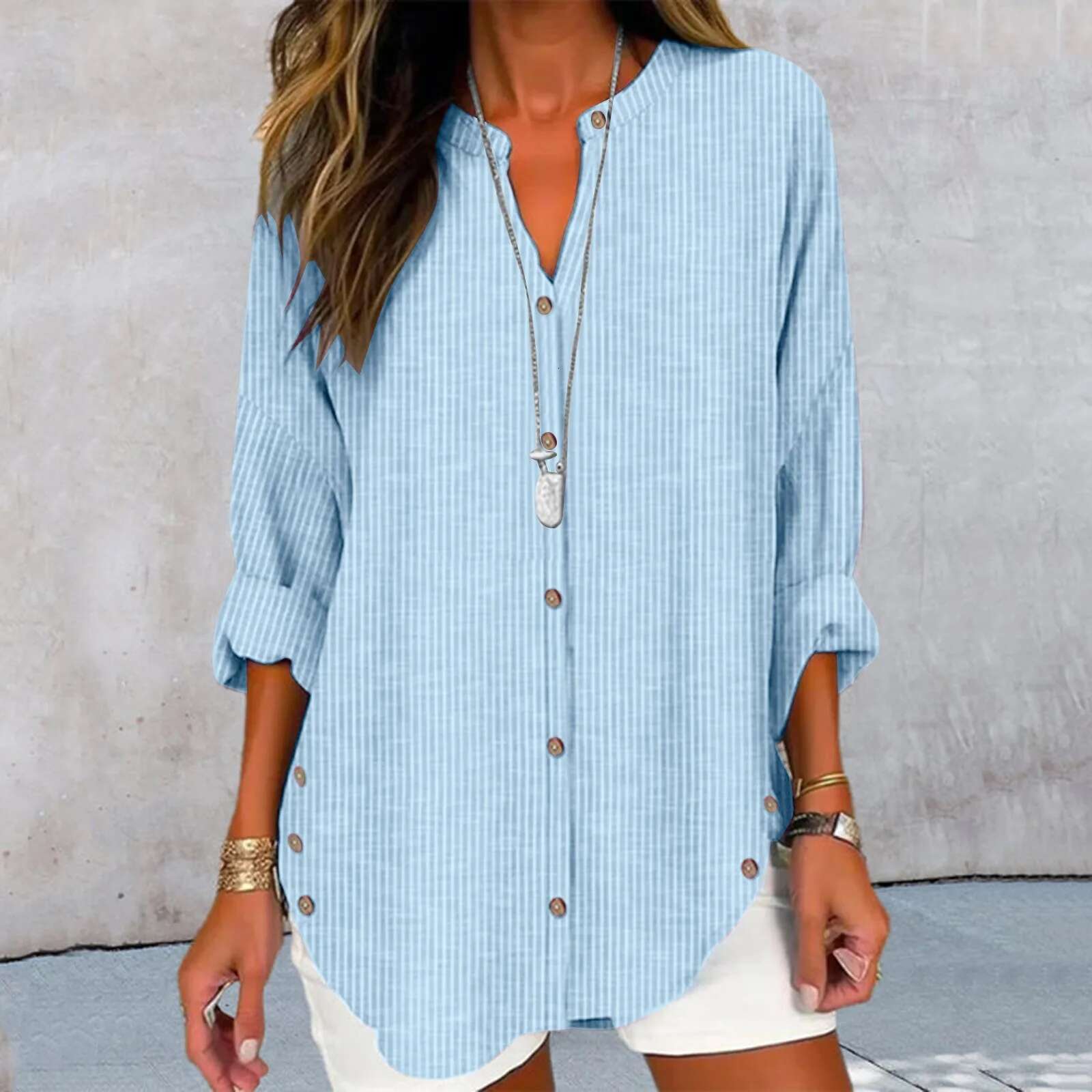 Dongdumaoyi Womens Solid Color Large Loose Round Neck Funny Printed Long Sleeved Shirts Summer Fashion Elegant Button Chic Blouse T Shirt