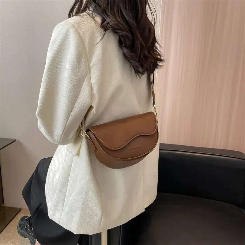 Women Vintage Solid Color Flap Small Saddle Shoulder Underarm Fashion PU Leather Wide Strap Crossbody Bag