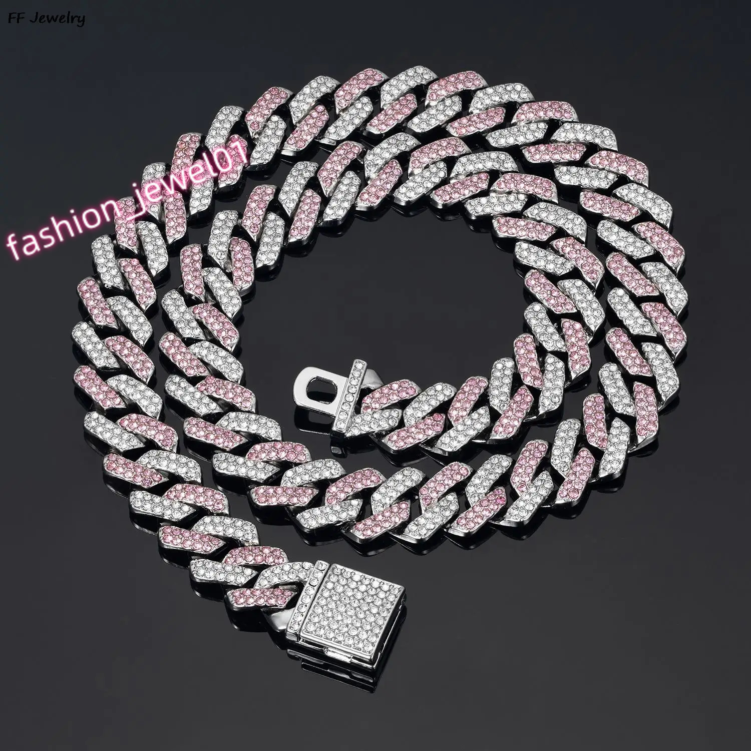 14mm Blue/pink Cuban Link Chain For Men Iced Out Rhinestone Miami Necklace Choker For Women With Box Clasp Hip Hop