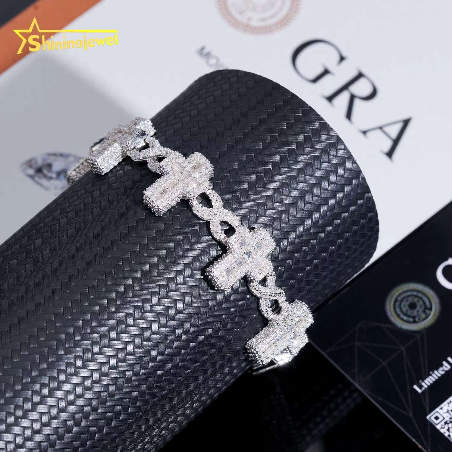 Luxury Bling Baguette Moissanite Cross Infinity Link Chain Sterling Silver 925 Iced Out Jewelry Moissanite Diamond Bracelet