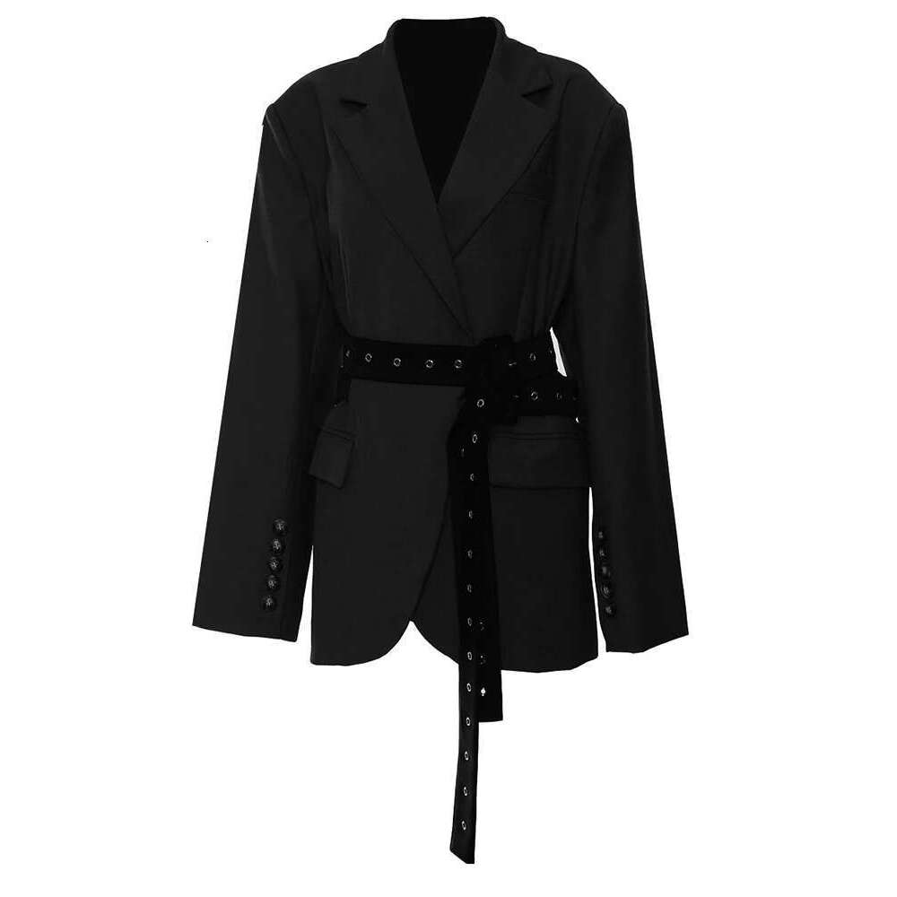 EAM Women Brown Back Button Belted Big Size Elegant Blazer New Lapel Long Sleeve Jacket Fashion Spring Autumn 2025 1Dh7481