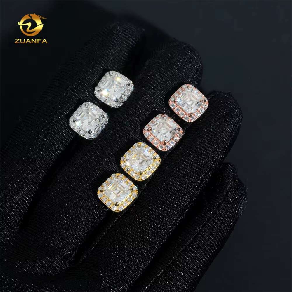 Ready to Ship Hip Hop Earring 925 Silver Asscher Cut 1.5ct Halo Men VVS Moissanite Earrings