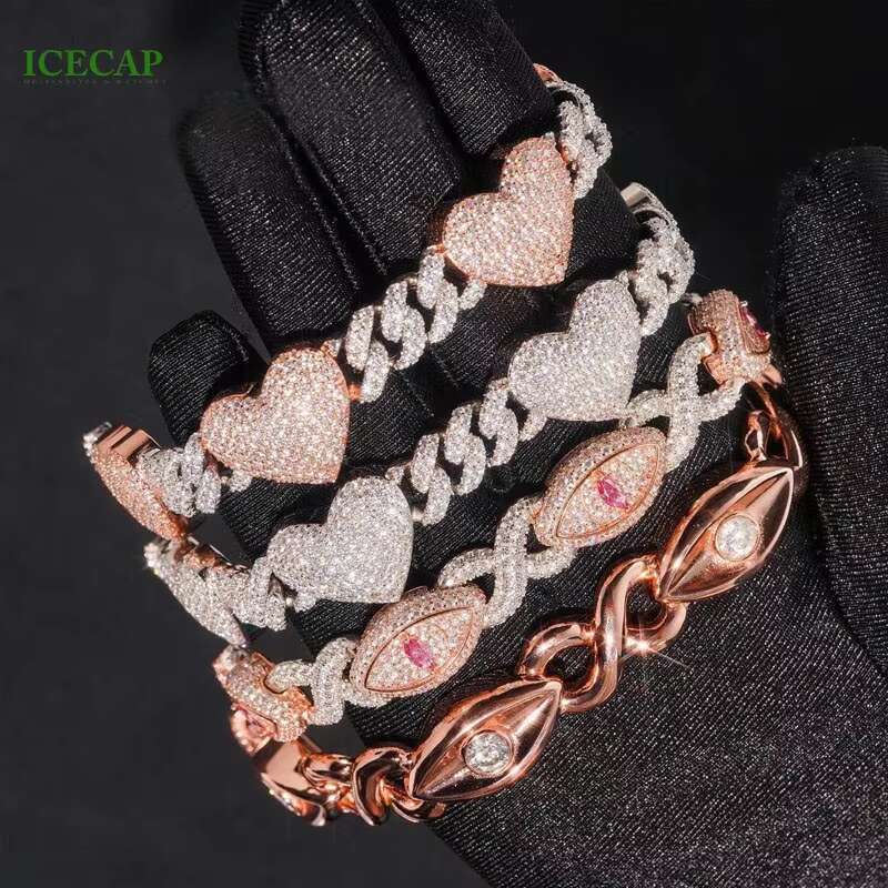 Hot Men Cuban Bracelet Ice Hiphop VVS Moissanite Cuban Link Chain Rose Gold Sterling Silver Eyes Bracelet