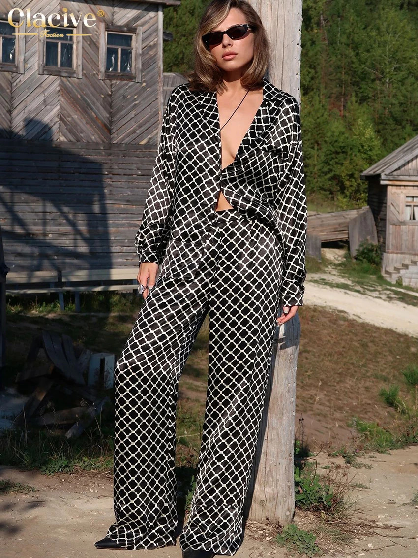 Clacive Fashion loose print womens twopiece set elegant long sleeved shirt high waist wide pants 250409