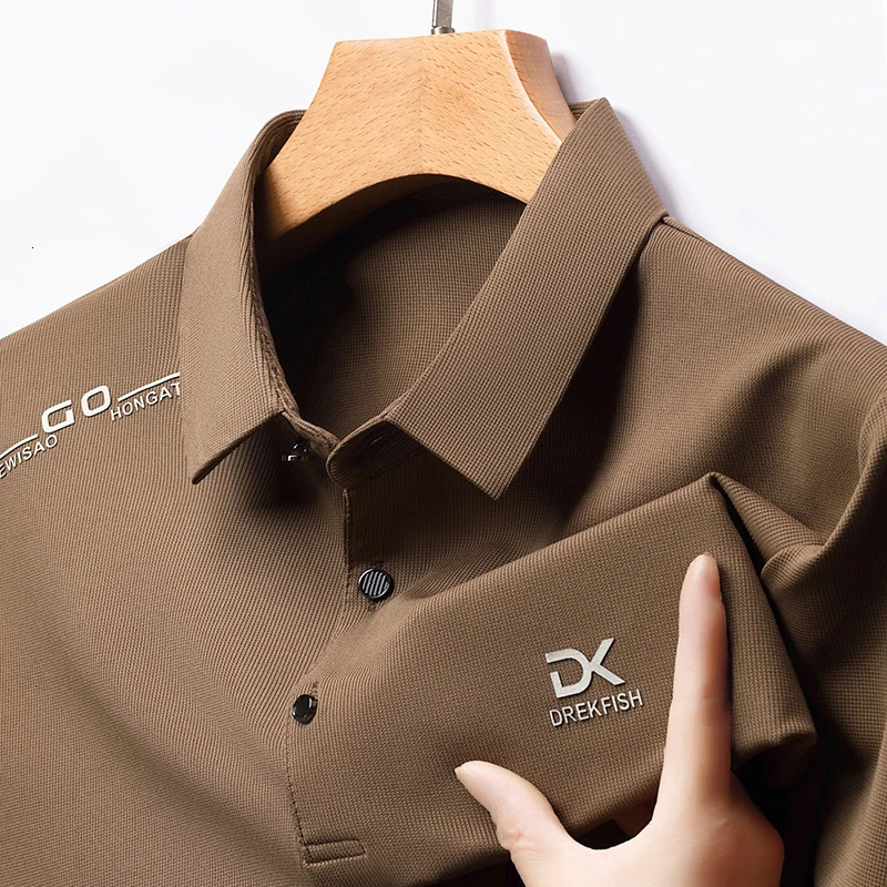 Summer Mens Letter Printed Ice Silk Polo Shirt Trendy Business Casual Traceless Lapel T-shirt Mens Top 250407
