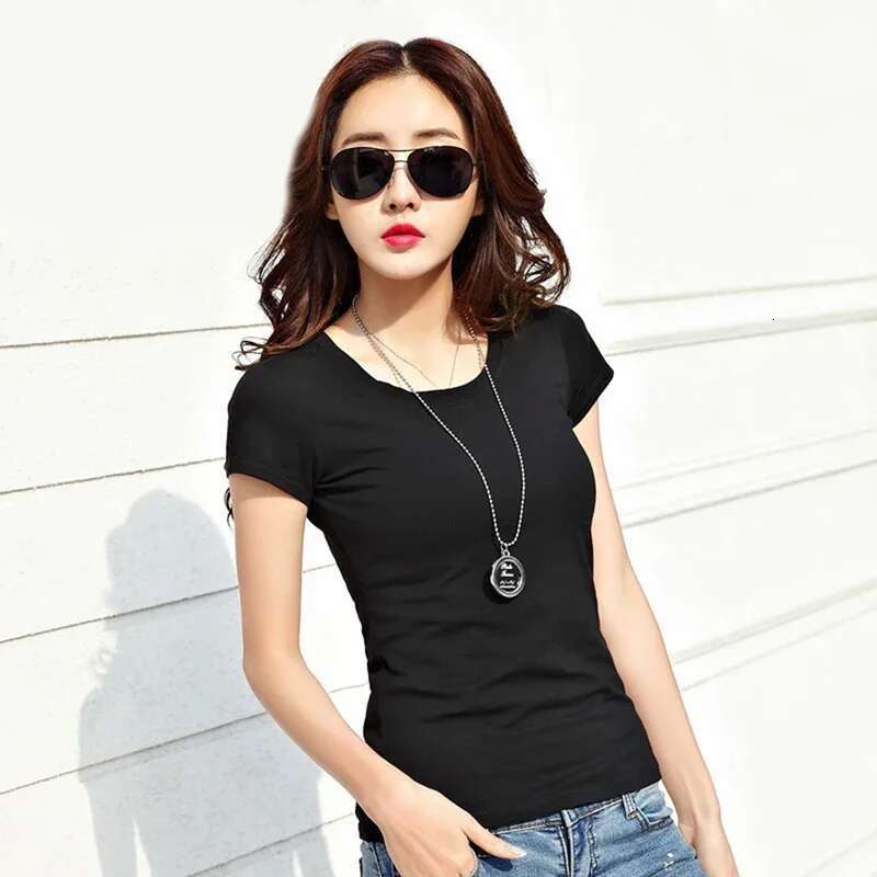 2022 Women Simple Casual O-Neck Short Sleeve Female Cotton Slim Black White T-Shirt Streetwear Lady Solid Tshirt Tops