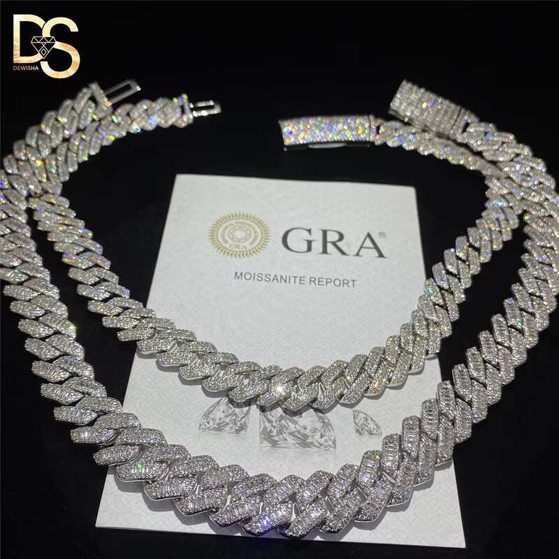 New Fashion 15mm Hip Hop Mens S925 Silver Plated Moissanite Diamond Iced Out Cuban Chain Necklace