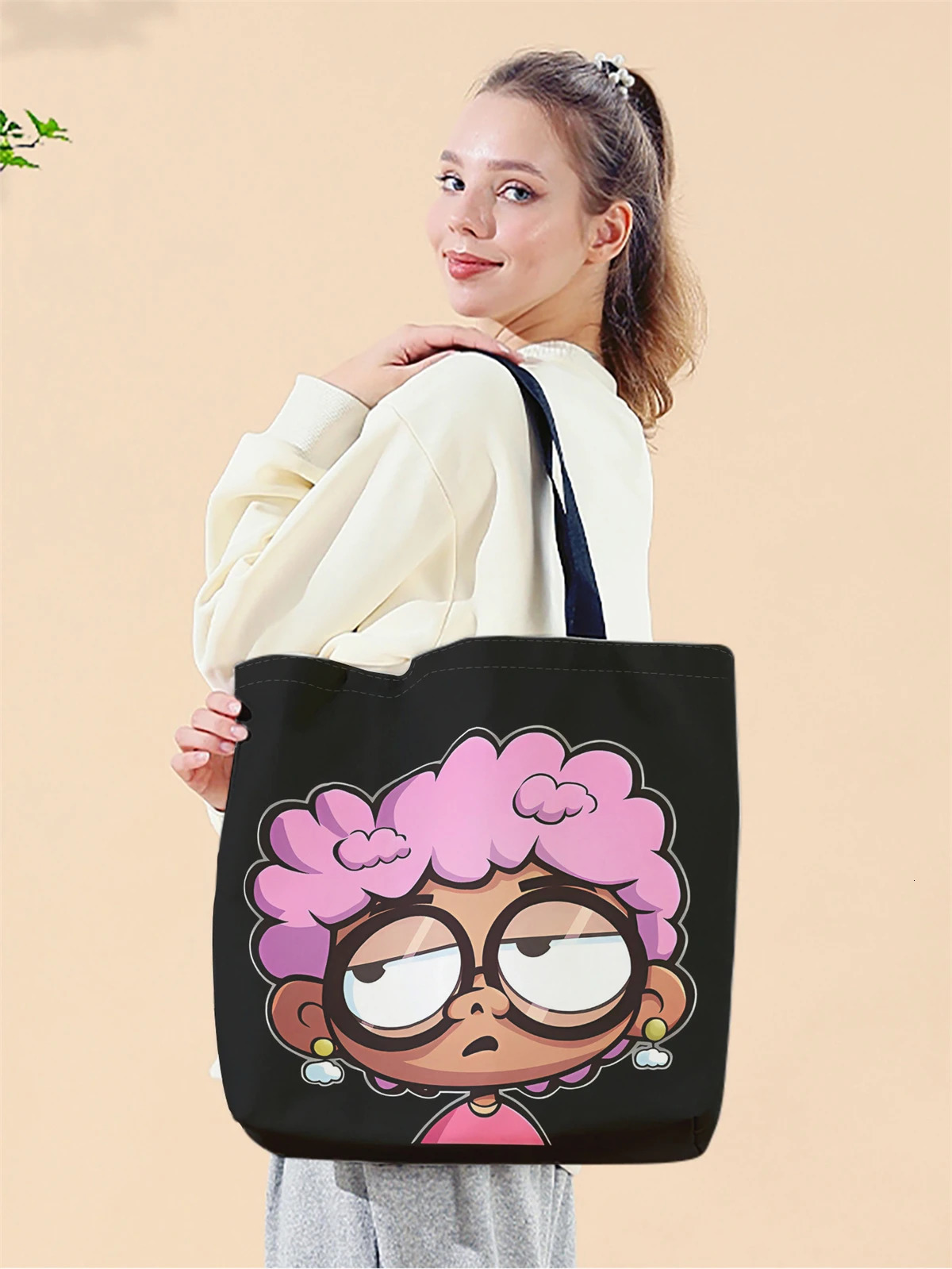 1 piece cartoon style handbag reusable fashionable multifunctional printed canvas shopping bag 250408
