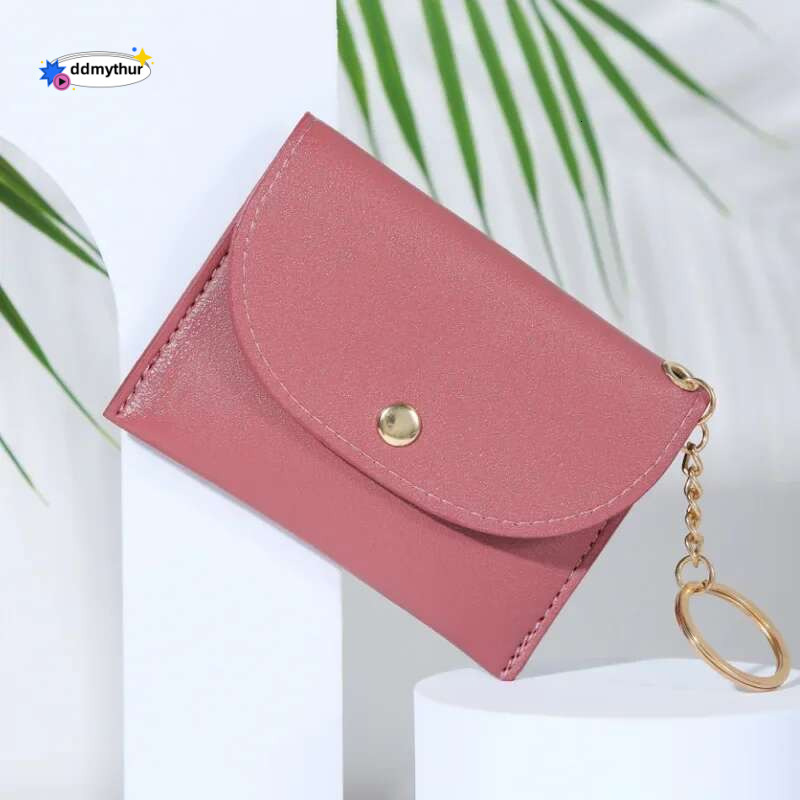 Fashion Women Coin Purse Leather Solid Color Vintage Short Wallet Metal Key Chain Ladies Girls Card Holder Clutch Bag ddmythur