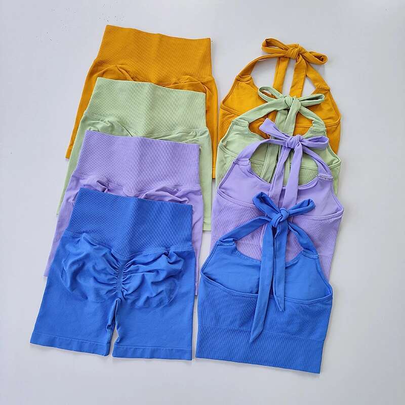 Peach Hip Lifting Neck Hanging Sports Shockproof Gathering Bra Quick Drying Short Set Gym Fiess Running Yoga Suit
