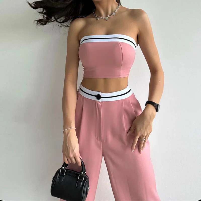 Spring/Autumn New Spicy Girl Outerwear Sports Tank Top, Strapless, Contrasting Color, High Waist, Wide Leg Pants, Casual Suit