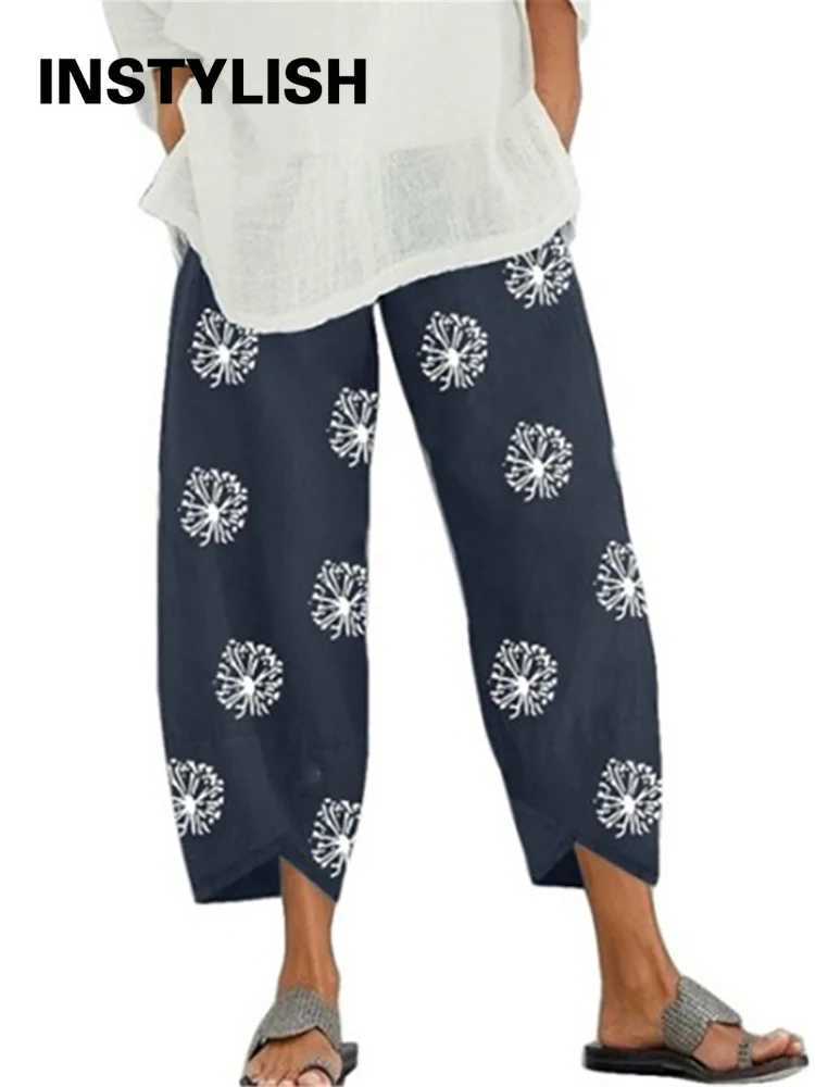 Womens cotton linen harem pants with retro print wide leg Trouser casual solid pocket Harajuku high waisted pocket pants for runnersXJ250403