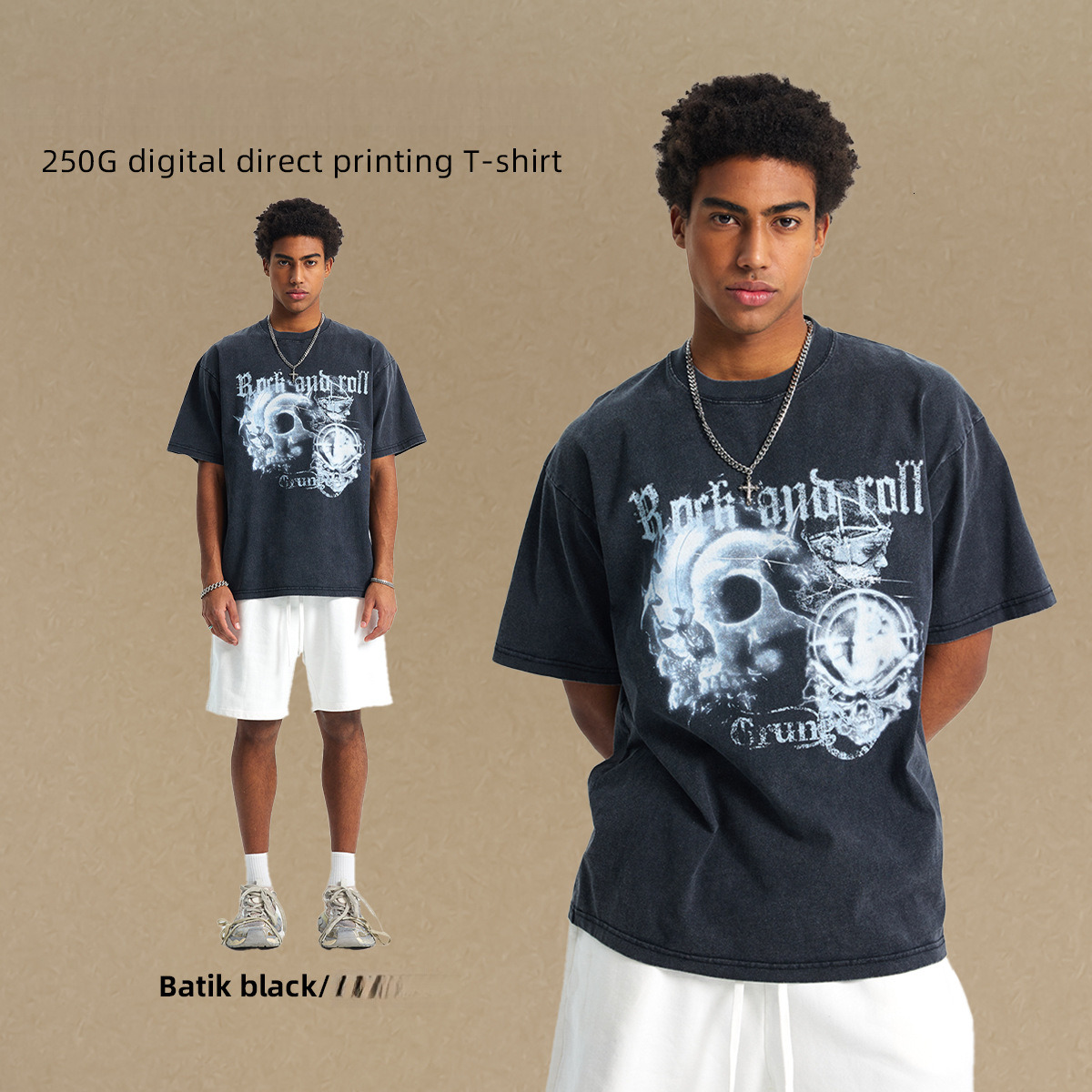 Chain Wear | 2025 New High Street Washed Loose Men's Short Sleeve Trendy Brand Personalized Rock Printed T-shirt