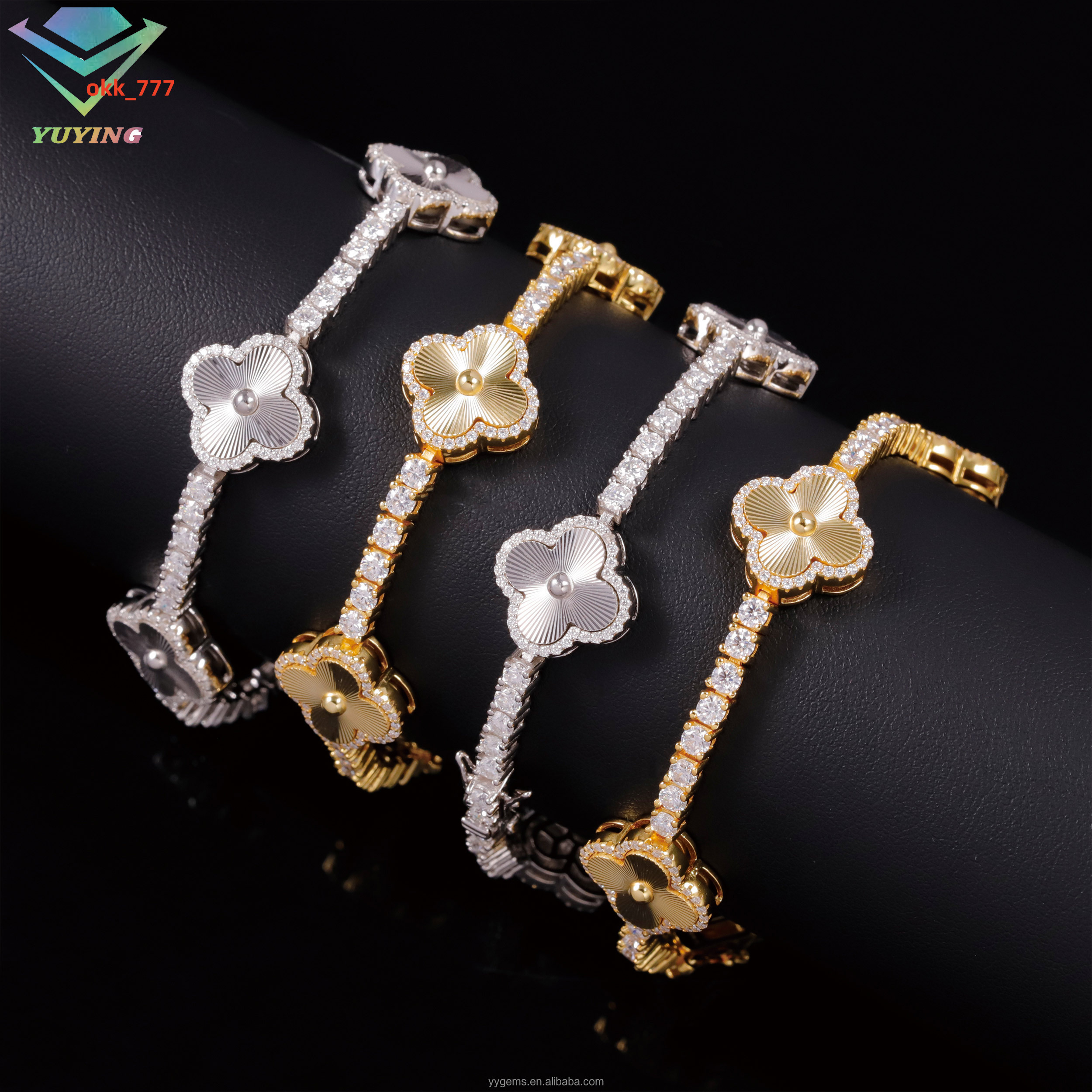 Lucky Four Leaf Clover Tennis Bracelet Hip Hop Jewelry 3mm S925 Silver Gold Plated Iced Out Moissanite Clover Tennis Bracelet