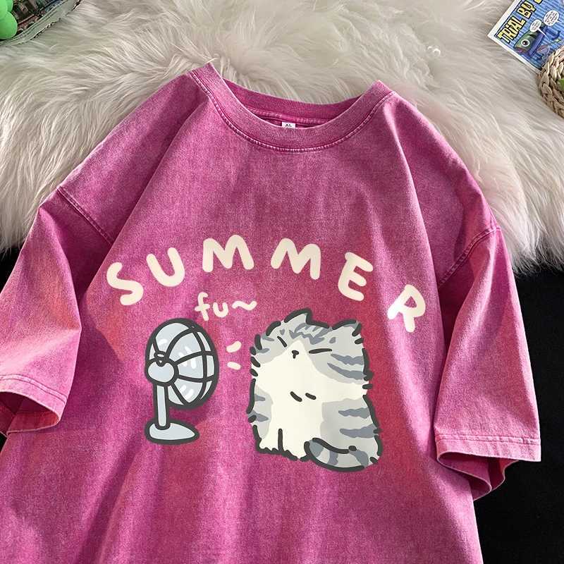 American street creative fan cat pure cotton T-shirt mens summer loose short sleeved couple retro washed topXJ250409