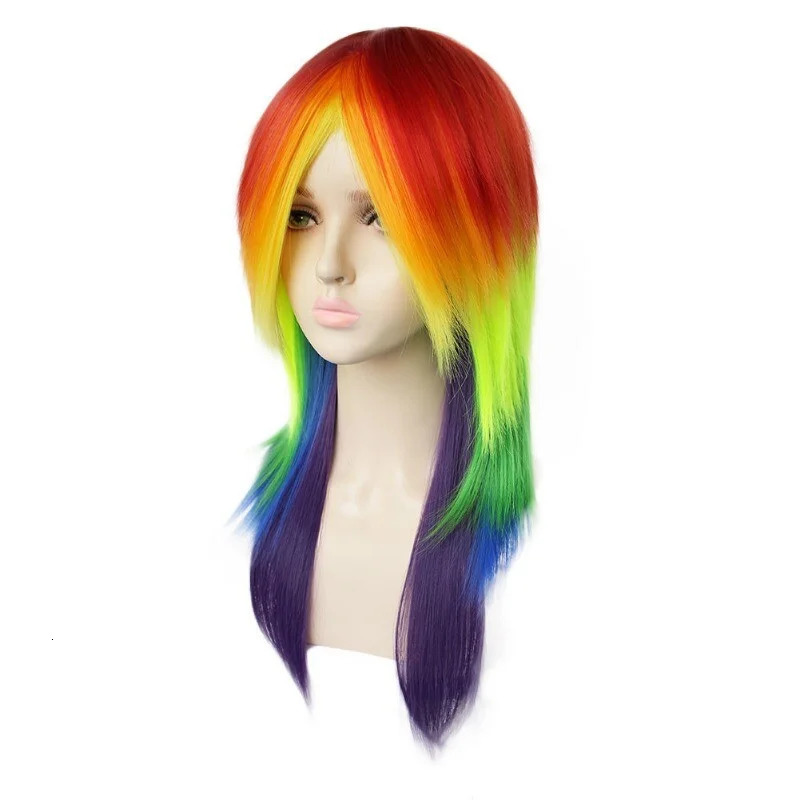 Womens long ponytail multi-color rainbow girl wig womenwig cap 250407