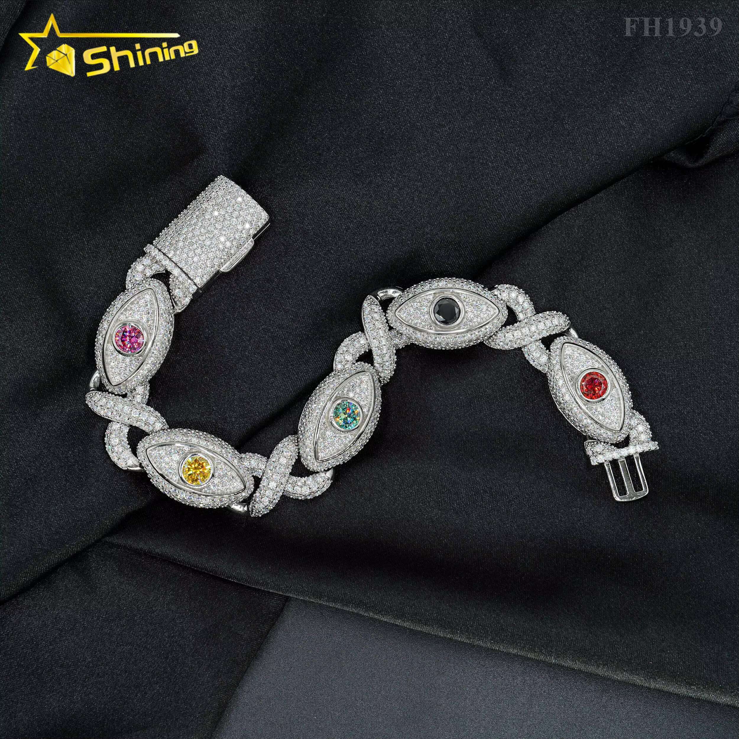 Hip Hop New Design 925 Silver 15MM Eye Evil Color Diamond Cuban Link Chain Iced Out Moissanite Cuban Bracelet