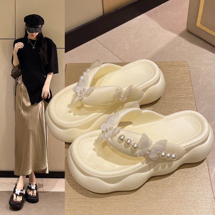 Women 2025 summer new fashion beauty beauty butterfly flip-flops pearl splint slippers Super soft comfortable home slippers