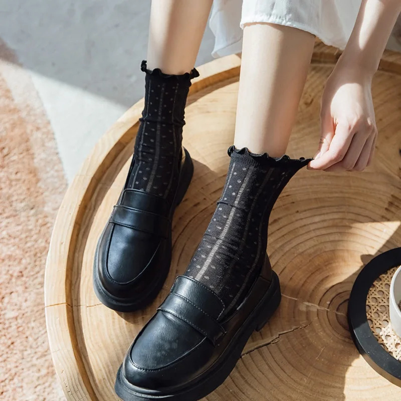 Spring Summer Fashion Women Socks Lady Long Black White Lace Harajuku Ruffle Casual Sweet Kawaii Floral Breathable Lolita 250409