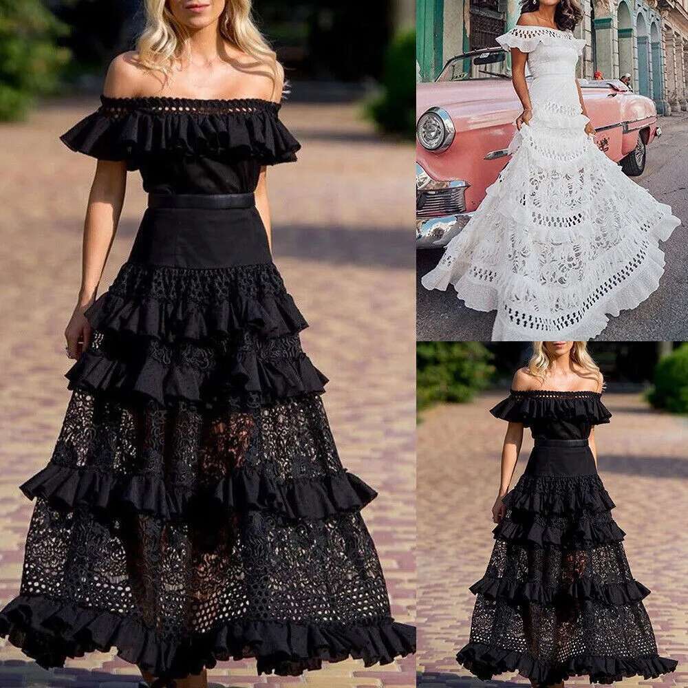 Dongdumaoyi Elegant Off Shoulder Solid Ruffle Long Evening Dress Summer Fashion Sleeveless Swing Classic Lace Hollow Party Sexy