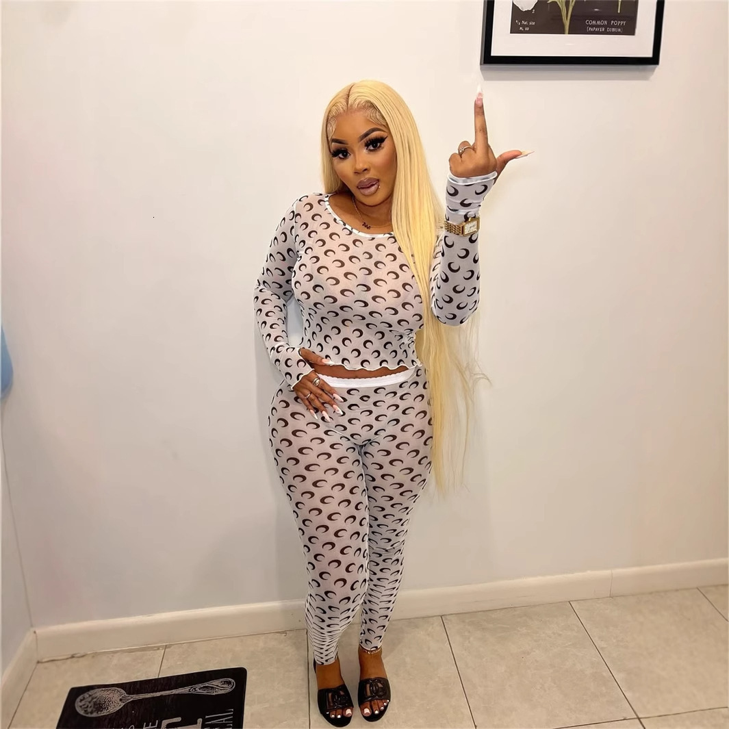 2025S Designer Women S Set New Trendy Fashionable Moon Print Slim Fit Sexy Perspective Round Neck Long Sleeved Top And Pants Set