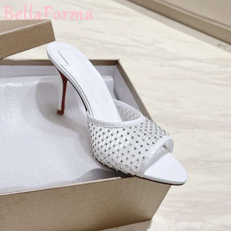 Veet Crystal High-Heeled Mule Slippers Plaid Mesh Denim Sexy Shiny Elegant Casual Simple Open-Toed Fish Mouth Stiletto Sandals