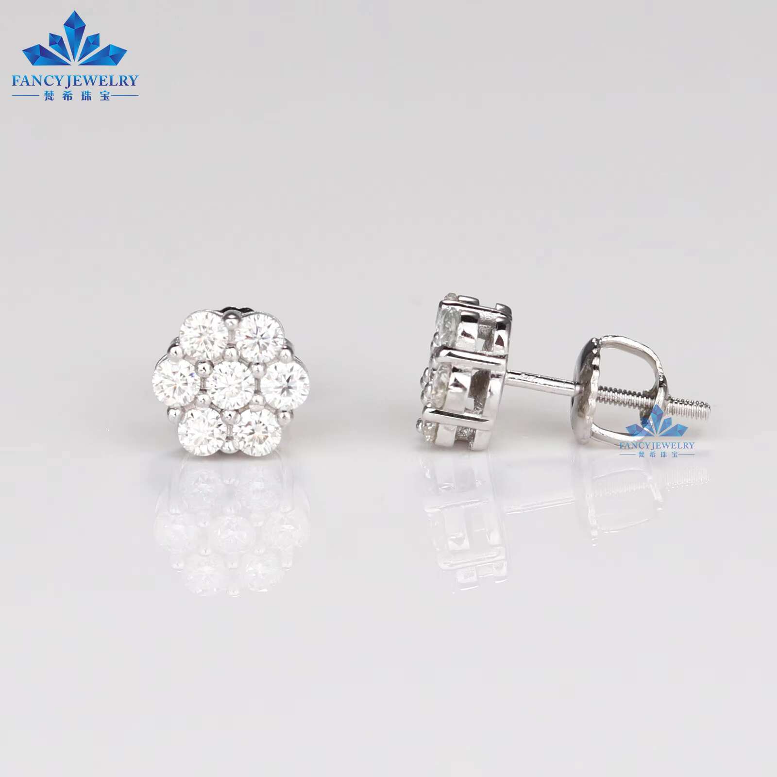 Wholesale Iced Out Hiphop Diamond Earring Silver 925 Vvs Moissanite Stud Earrings Iced Out Cluster Flower Stud Earrings