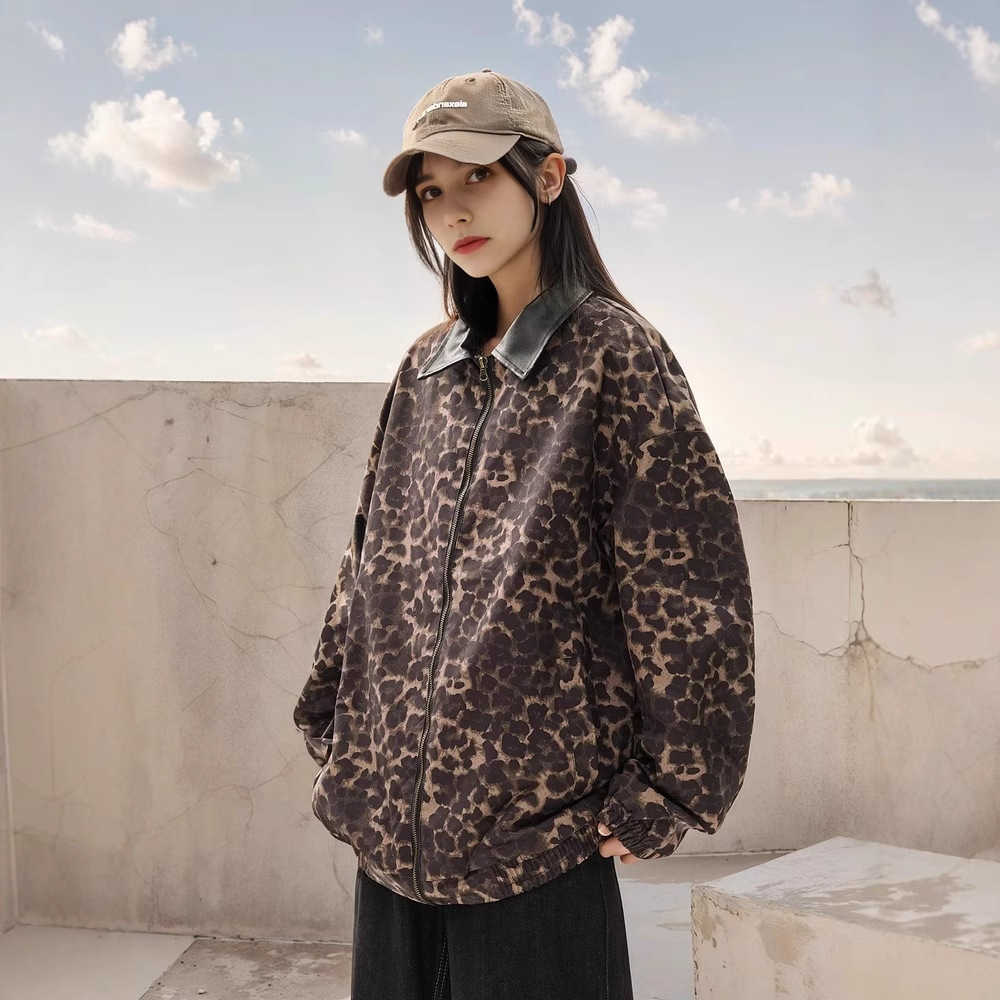 Womens clothing European and American style leopard print padded cotton loose fit sailboat cotton jacket X241120